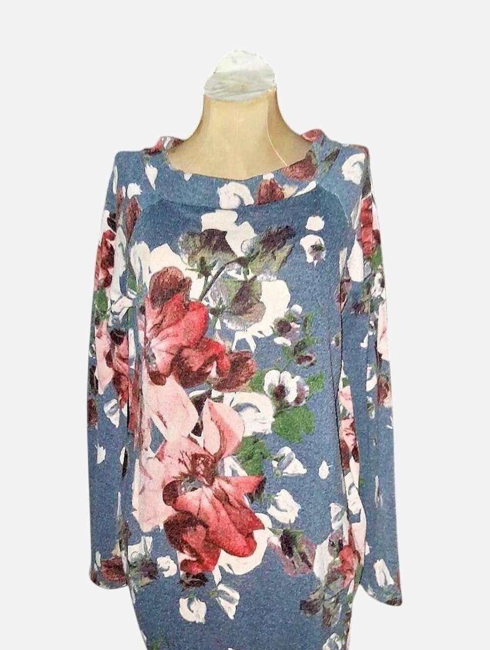 My Story Blue Long Sleeve Floral Top with Pink & Red Blooms